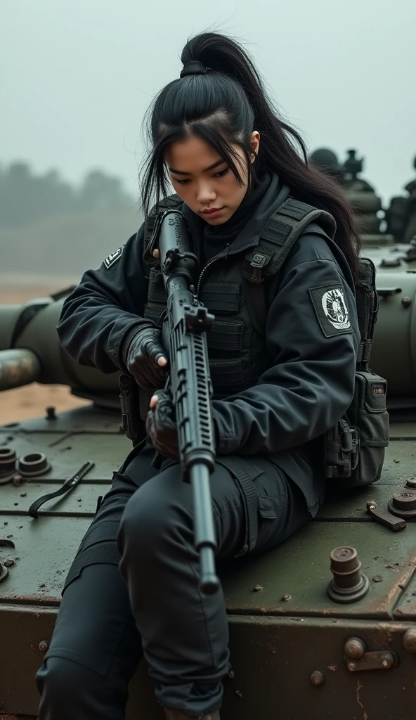 bleak gritty action edgy so much swagger trained marine corp militant asian female solider with serious expresion with an attitue vengance she adorn with pony tail hairstyle adorn hip hop rap style in kevlar black military attire armour sniper rifle on recline on a tank aiming sniper absolute disrespect bad-mannered with her female squad