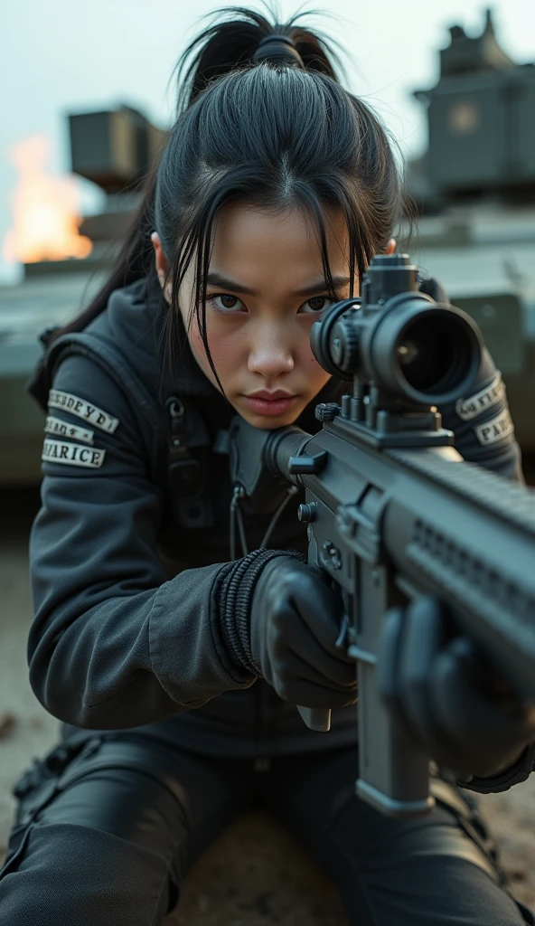 bleak gritty action edgy so much swagger trained marine corp militant asian female solider with serious expresion with an attitue vengance she adorn with pony tail hairstyle adorn hip hop rap style in kevlar black military attire armour sniper rifle on recline on a tank aiming sniper absolute disrespect bad-mannered with her female squad