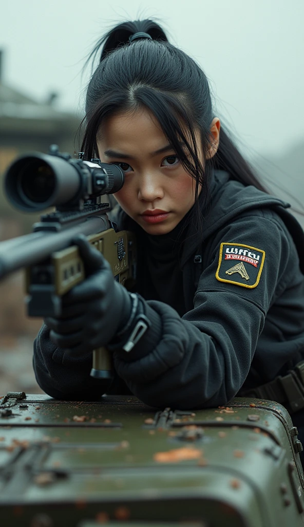 bleak gritty action edgy so much swagger trained marine corp militant asian female solider with serious expresion with an attitue vengance she adorn with pony tail hairstyle adorn hip hop rap style in kevlar black military attire armour sniper rifle on recline on a tank aiming sniper absolute disrespect bad-mannered with her female squad