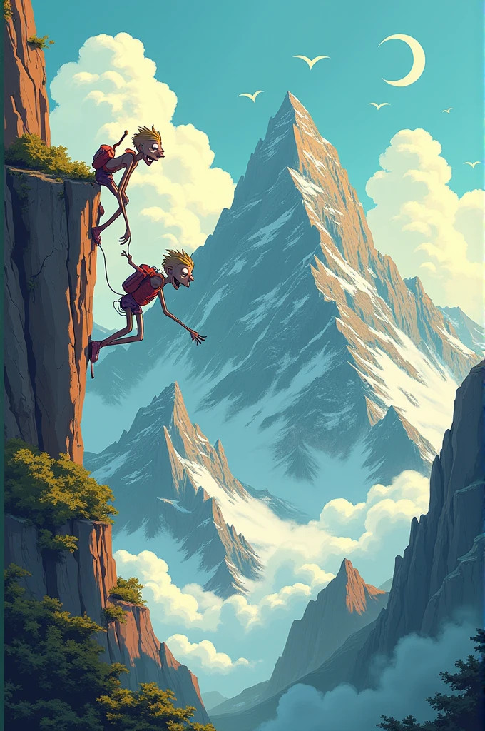 Draw me a cartoon of skinny person climbing to olympus