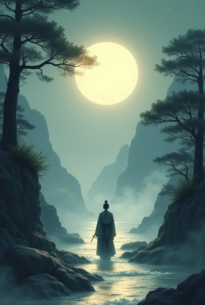 Destination、I don&#39;t care if it&#39;s hell or heaven。
My heart、Cloudless midday moon。
Without fear or hesitation、be quiet、Just there。Japan、Ink Painting、Sengoku Warlords