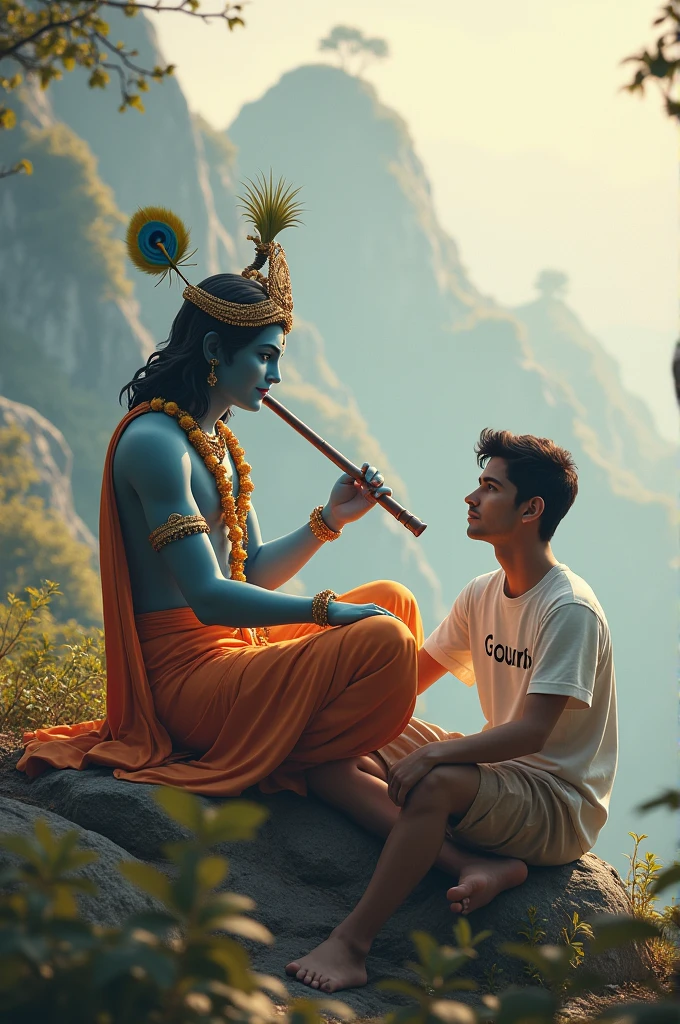 create a 3d image of 20 year old Indian devotional boy who is sitting next to krishna ji and Krishna ji playing the flute, they both sit together on the mountain,boy wearing T-shirt Name "Gourab" written on it, heaven like beautiful view background, peacock dancing,realistic image and boy is in barefoot. 