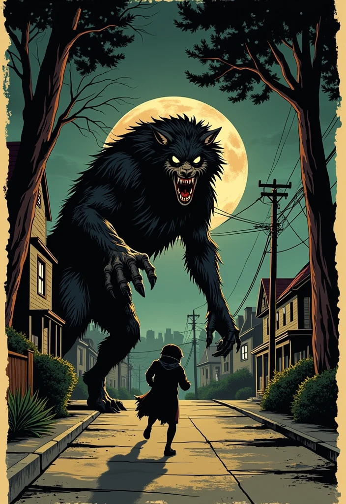 Create art in the style of a vintage poster, old movie posters, from the next scene: when the man approached the sidewalk of the street full of small houses, a colossal figure emerged from the shadows, advancing towards you with frightening speed. It was a werewolf. His body was a grotesque mixture of man and wolf.., a mass of torn and twisted flesh, covered by a disheveled black coat that seemed to absorb the little light the night offered.