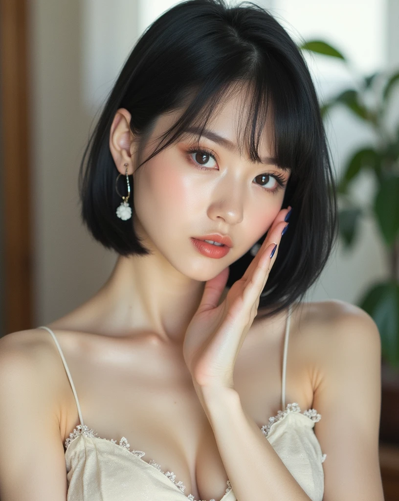 RAW photo, best quality, masterpiece, photorealistic, Polish girl, 20 years old, black hair, Light grey eyes, short bob cut, hair in 7 thirds, hair over one ear, Symmetrical eyes, pale skin, Big Breasts, rip gloss, Gel Nails, Various poses, Accessories, various poses,