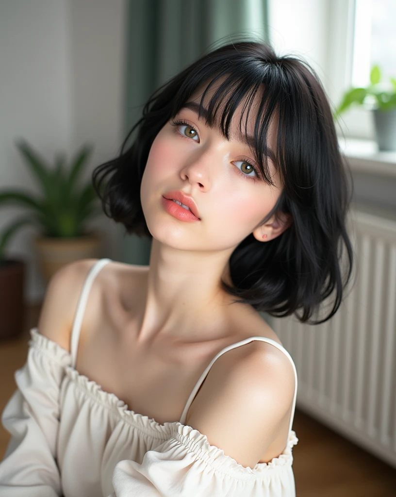 RAW photo, best quality, masterpiece, photorealistic, Polish girl, 20 years old, black hair, Light grey eyes, short bob cut, hair in 7 thirds, hair over one ear, Symmetrical eyes, pale skin, Big Breasts, rip gloss, Gel Nails, Various poses, Accessories, various poses,