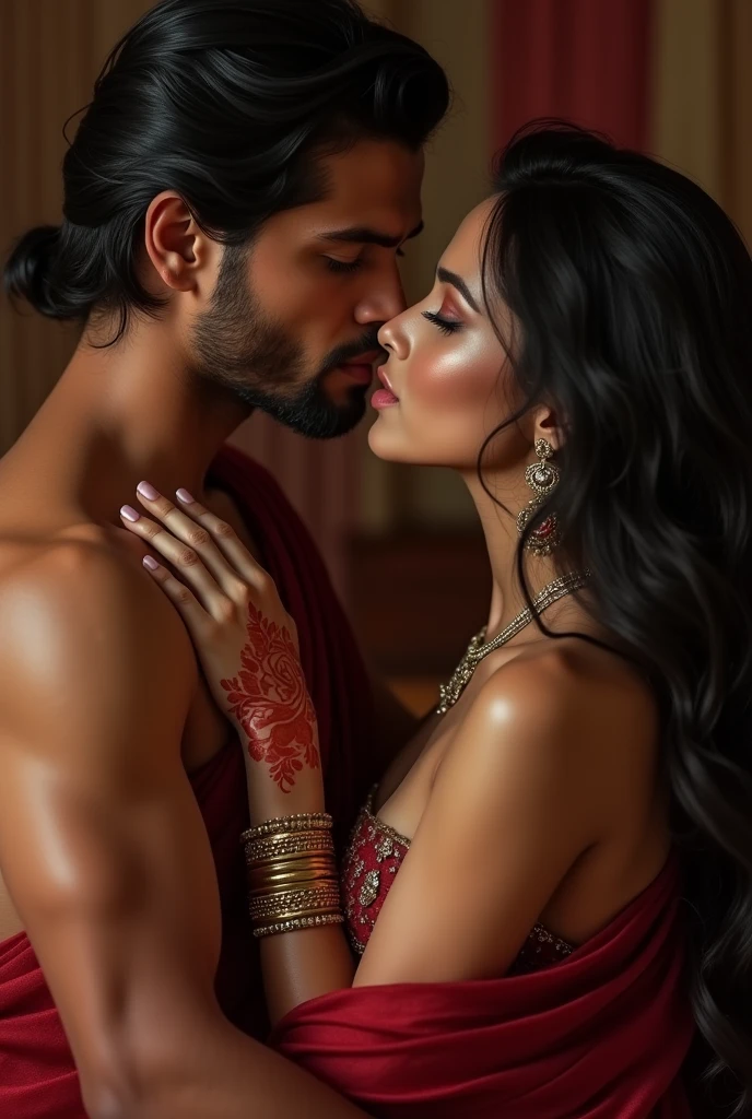 Sexy topless indian girl, kissing his husband
