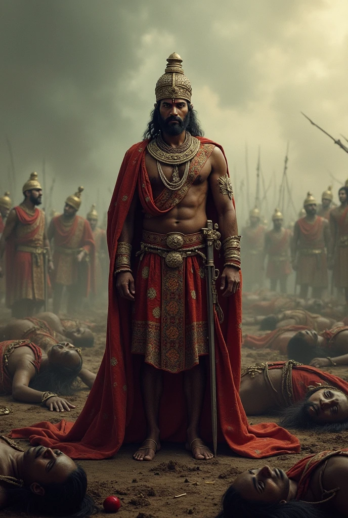 An Indian emperor standing amidst a battlefield, looking devastated and sorrowful. The ground is littered with fallen soldiers, and there is a sense of tragedy and loss in the air. The emperor, dressed in royal , has a somber expression as he looks at the destruction around him."