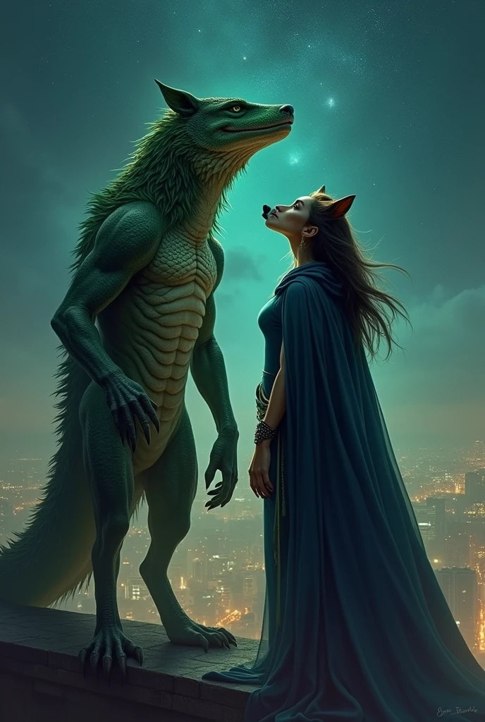 black and brown female werewolf,green-eyed wearing a navy blue cape , is next to a green reptilian on top of a building looking at the stars