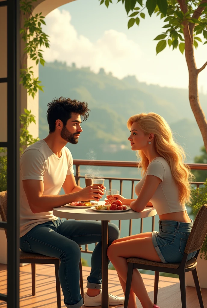 um casal, sitting at a breakfast table, on a beautiful balcony, tall and strong man, wearing jeans and a T-shirt, blackquality hair, greeneyes, blonder woman, Curvy Body, wearing jean shorts and a t-shirt, very large breasts, medium hair, honey-colored eyes. 