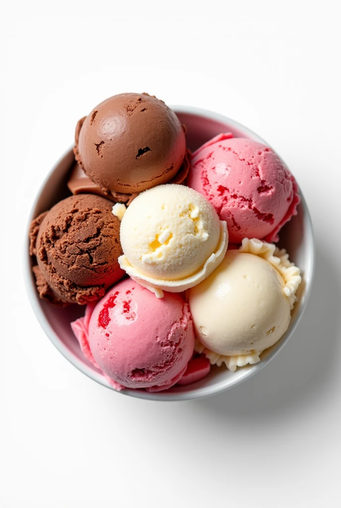 Top view of ice cream balls with various flavors in a white bowl, sweet dessert ball of chocolate, strawberry and vanilla, transparent background.