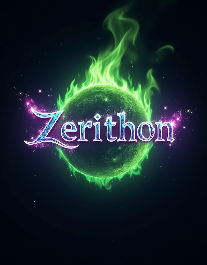 Generate a youtube "gaming channel logo"having the name as "Zerithon" with magical green and purple fire aura with a background upto the size of the namw in space