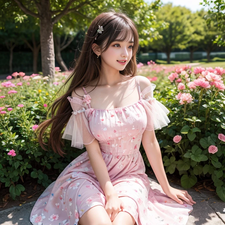laughing out loud,travel scenery photos,Wear a sweet dress,Dress with pink flower pattern,Floral pattern scattered throughout the dress,Puff sleeves,Princess puff sleeves,Short sleeve,One-piece hem A-line skirt,There is a layer of transparent mesh outside the skirt, Fluffy and lightweight dress,The dress is made of mesh, There are pink ribbon bows on both sides of the collarbone.,A-line skirt with large hem,1 female, On the face, light brown hair, blunt bangs, hair behind ears, Shoulder-length hair, long hair, Slender body type, 超face slimming型, face slimming, delicate lips, beautiful eyes, Thin blush, Eyes are light brown,View here, (actual:1.3), One person's perspective, 8k, Super detailed, high quality, best quality, High resolution,2,above knee shot,Breast protrusion,Full breasts