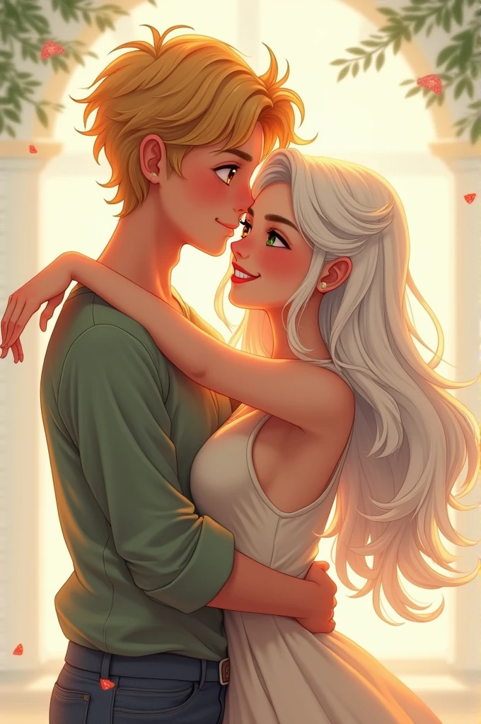 A young couple hugging very happy, a very cute young man with blond hair and red eyes and a very beautiful white-haired woman with green eyes
