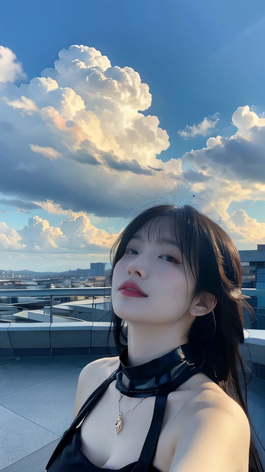 8k、masterpiece、Best image quality、Very detailed、Perfect body、Large Breasts、Skin glows、close your eyes、Looking up at the sky、scenery、Cloudy、rooftop