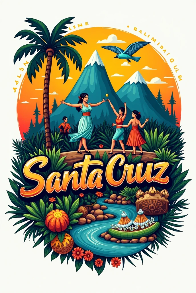 Logo inspired by Santa Cruz- Bolivia with characteristic things from Santa Cruz, food, bailes, Flora and fauna, exotic animals, and tourist places in Santa Cruz- Bolivia, with typography that says Santa Cruz but that looks like it was done by someone