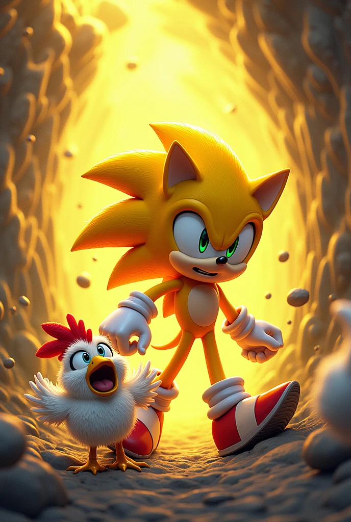 Yellow Sonic and scared chicken 
