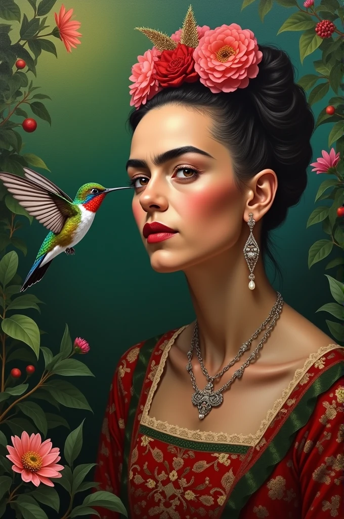Frida Kahlo realistic looking at hummingbirds