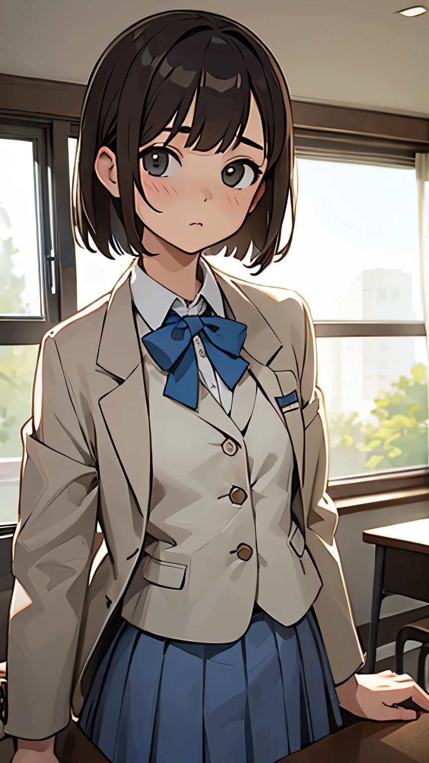 masterpiece, best quality, highres, 1girl, sweater vest striped necktie red skirt white shirt long sleeves <lora:tachibana_rui:1> hands in pockets, smile