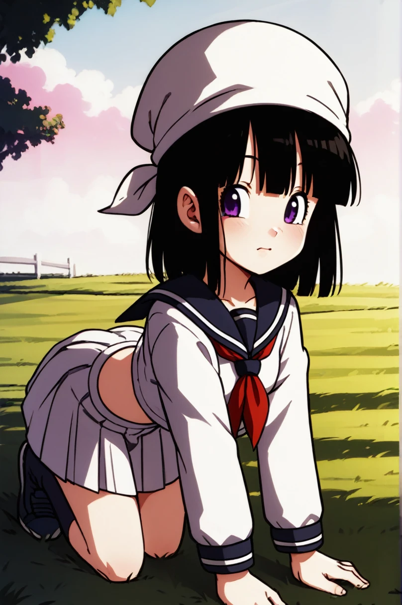 score_9, score_8_up, score_7_up, score_6_up, score_5_up, score_4_up, source_anime, aatomoyo, long hair, black hair, beret, white hat, straight bangs, purple eyes, small breasts, serafuku, white sailor collar, white scarf, black shirt, long sleeves, pleated skirt, white skirt on the side, field, sunset, wind, standing, cowboy shot, from the back, on all fours with her ass sticking out towards the camera, sexy position,