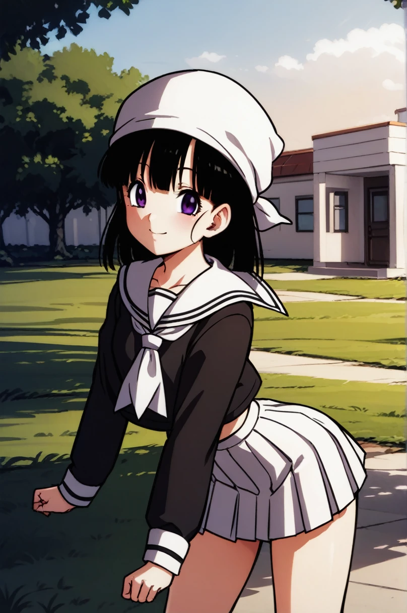 score_9, score_8_up, score_7_up, score_6_up, score_5_up, score_4_up, source_anime, aatomoyo, long hair, black hair, beret, white hat, straight bangs, purple eyes, small breasts, serafuku, white sailor collar, white scarf, black shirt, long sleeves, pleated skirt, white skirt on the side, field, sunset, wind, standing, cowboy shot, from the back, on all fours with her ass sticking out towards the camera, sexy position,