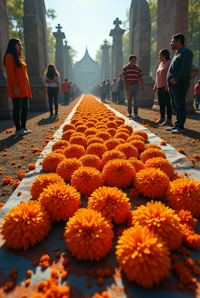 Generate an image with the theme of the day of the dead in a cemetery, highlights the cempasúchil flowers in the offering. Around you there are people watching while behind there are happy souls