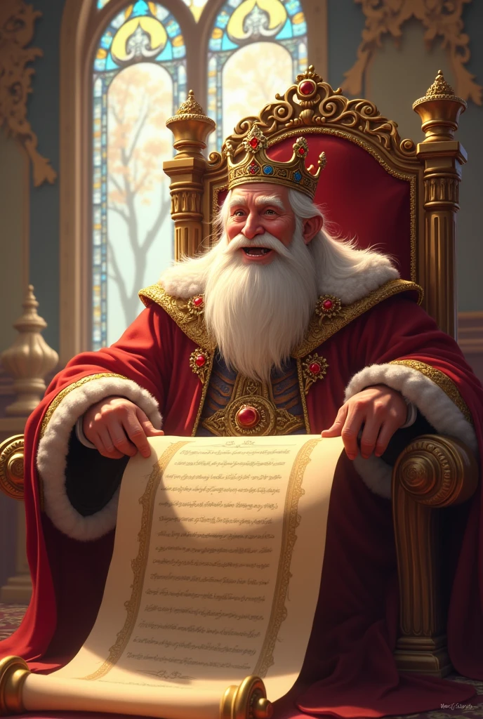 a happy king with a long list