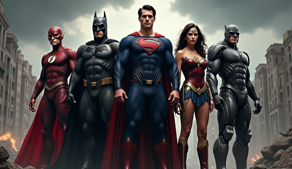 Justice League: Super-Man, Bat-Man, Wonder Woman, The Flash & Cyborg. Realistic and detailed.