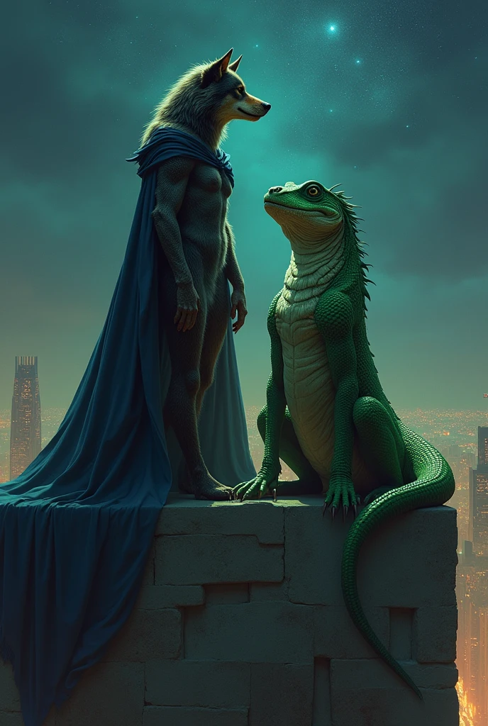 black and brown female werewolf,green-eyed wearing a navy blue cape , is next to a green reptilian on top of a building looking at the stars