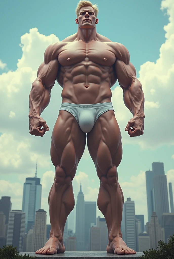 william levy giant in a city, super muscular, White skin, blond hair, In underwear, big arms and feet, many muscles, super handsome and big penis looking down 