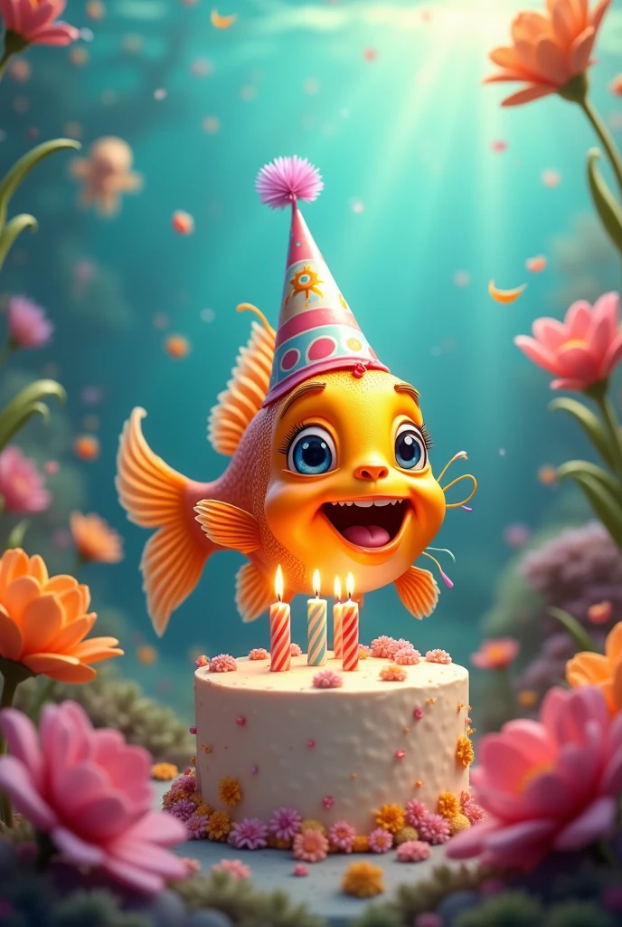 Create a photo of usual floweron fish
celebrating birthday