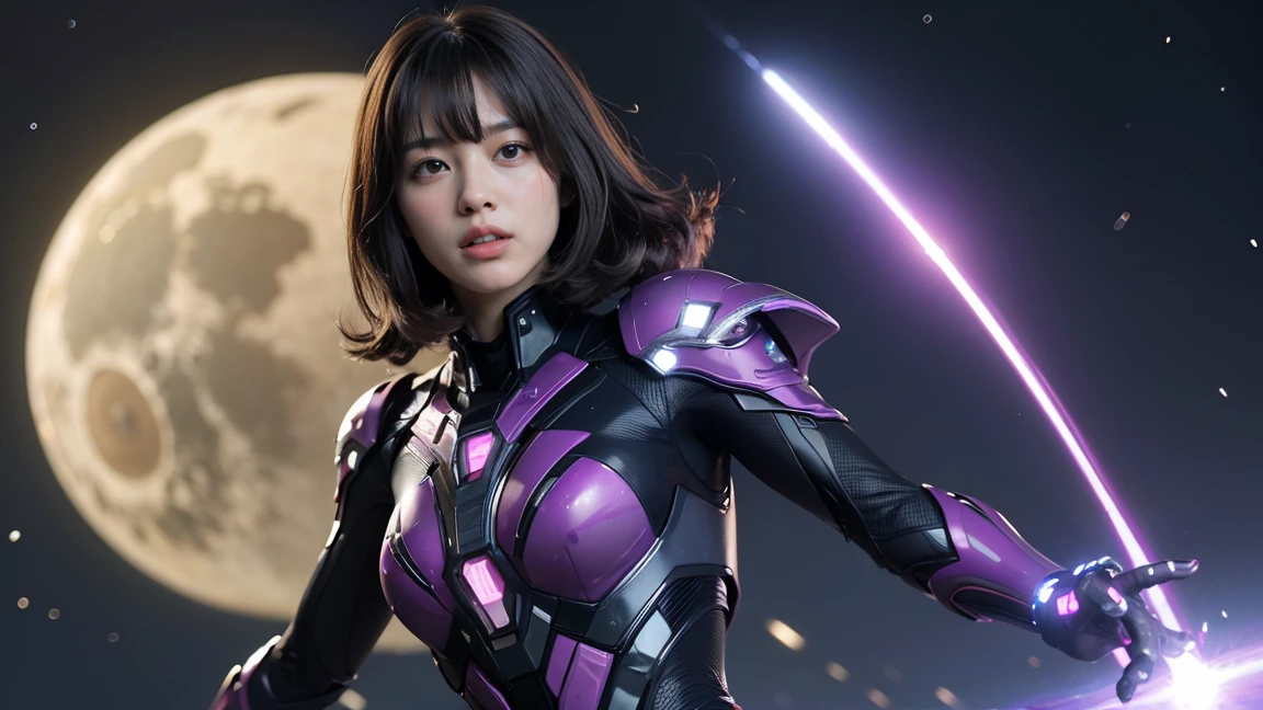 (RAW Photos, Highest quality), (Realistic, Photorealistic:1.3), 1 person、Realisticbody、Purple battle costume、Meteor warrior flying from space、Fight against the octopus aliens、Octopus、Shielded Reflector Laser、smile、