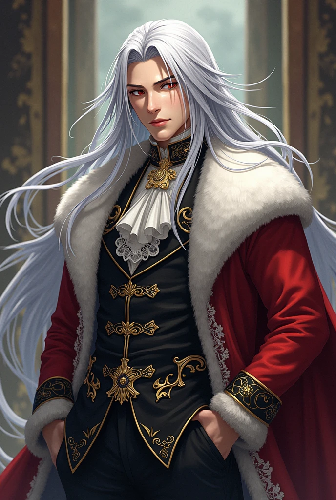Sesshomaru Taisho a young and appointed king with a formidable appearance , with honey-colored eyes and silver hair, dressed in a Victorian costume