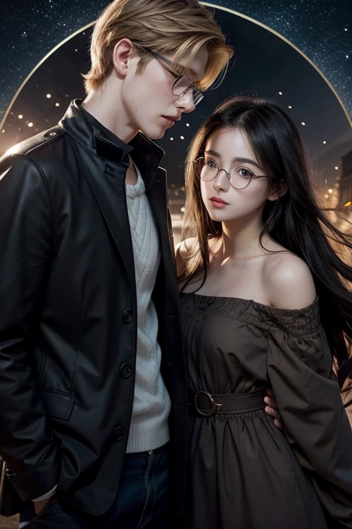 Romance book cover, with the name Flow of time silhouette of a young couple Tall blond boy, wears glasses girl has long black hair and she wears glasses Background with universe depicting time