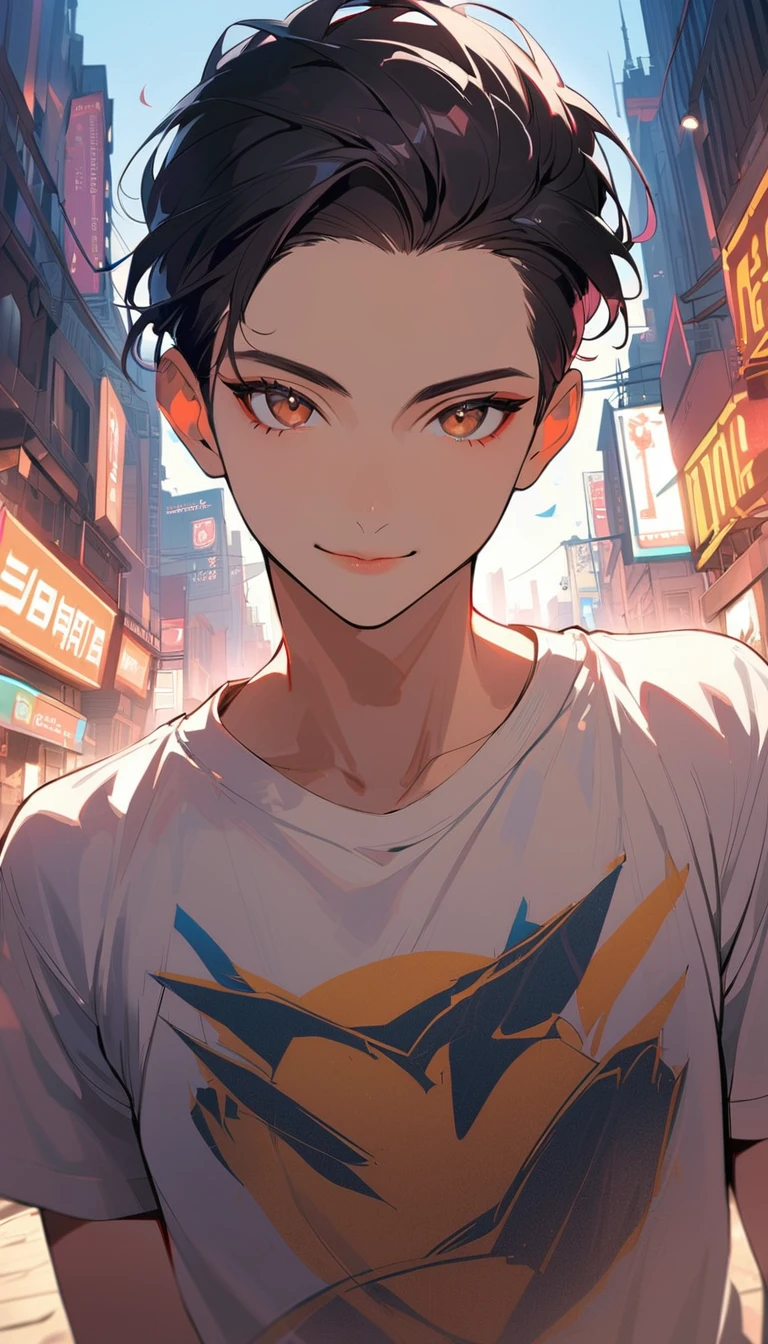 1man, solo, crew cut, 1, black hair, wear shirt, brown eyes, smile, looking at viewer, light lips, upper body, closed mouth,