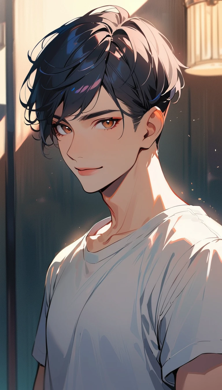 1man, solo, crew cut, 1, black hair, wear shirt, brown eyes, smile, looking at viewer, light lips, upper body, closed mouth,