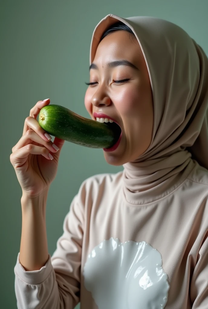 Malay hijab girl try to fit a big cucumber in her mouth while being drenched in white fluid all over her chest 