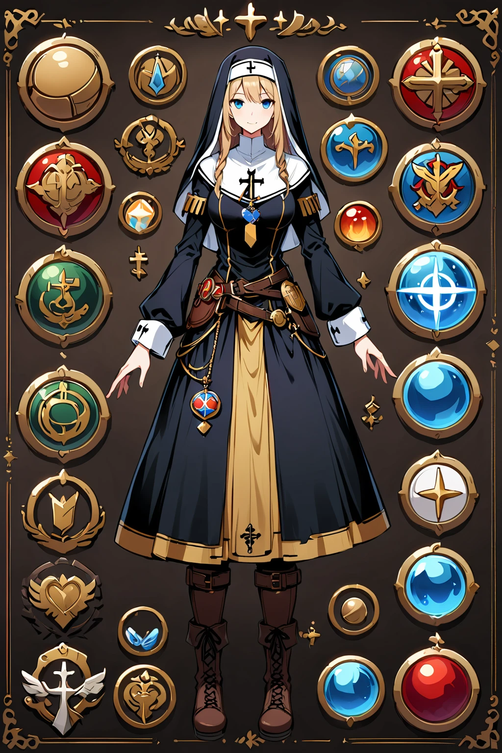 Framed Presentation of a nun, woman character design sheet for a video game with detailed accessories, boots, multiple icons, and nun dresses, Ball Gown, buttons to customize the character to your liking, sphere,(game icon),medal icon,rpg,(holy icon),