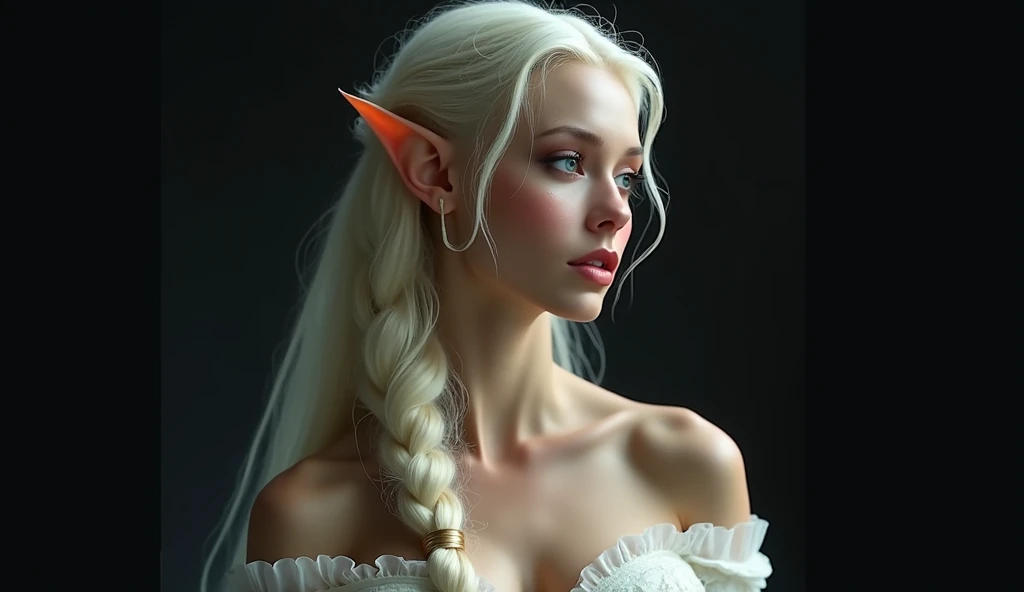 FAIRY WITH AN HYBRID FACE BETWEEN CLAUDIA SCHIFFER AND GISELE BUNDCHEN , BUST IMAGE STYLE, STUDIO IMAGE STYLE, BLACK INFINITE BACKGROUND, DIFFUSED LIGHTS ON FACE, BACK LIGHTS ON HAIR, LUMINOUS HAIR, CLOSE FACE SHOT, PLATINUM LONG HAIR, HUGE STRAIGHT LONG HAIR, BRAID HAIR STYLE, PLATINUM EYEBROWS, VERY PALE SKIN, ELF WOMEN, TOLKIEN MITHOLOGY, EXPOSED TIP EARS, HIGH CHEEKBONES, ROSY CHEEKS, GORGEOUS LIPS, SOFT LIPSTICK, GORGEOUS CURVY BODY, SOFT MUSCLES, VOLUMOUS BREASTS, STRAPLESS CLEAVAGE, WHITE VICTORIAN DRESS, ENIGMATIC FACE EXPRESSION, SIDE FACE VIEW, EYES LOOKING TO THE SIDE, TOLKIEN MITHOLOGY, HIGH QUALITY IMAGE, MASTERPIECE, 8K