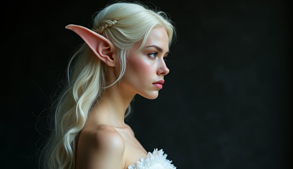 FAIRY WITH AN HYBRID FACE BETWEEN CLAUDIA SCHIFFER AND GISELE BUNDCHEN , BUST IMAGE STYLE, STUDIO IMAGE STYLE, BLACK INFINITE BACKGROUND, DIFFUSED LIGHTS ON FACE, STRONG BACK LIGHTS, CLOSE FACE SHOT, PLATINUM LONG HAIR, HUGE STRAIGHT LONG HAIR, BRAID HAIR STYLE, PLATINUM EYEBROWS, VERY PALE SKIN, ELF WOMEN, TOLKIEN MITHOLOGY, EXPOSED TIP EARS, HIGH CHEEKBONES, ROSY CHEEKS, GORGEOUS LIPS, SOFT LIPSTICK, GORGEOUS CURVY BODY, SOFT MUSCLES, VOLUMOUS BREASTS, STRAPLESS CLEAVAGE, WHITE VICTORIAN DRESS, ENIGMATIC FACE EXPRESSION, SIDE FACE VIEW, EYES LOOKING TO THE SIDE, TOLKIEN MITHOLOGY, HIGH QUALITY IMAGE, MASTERPIECE, 8K