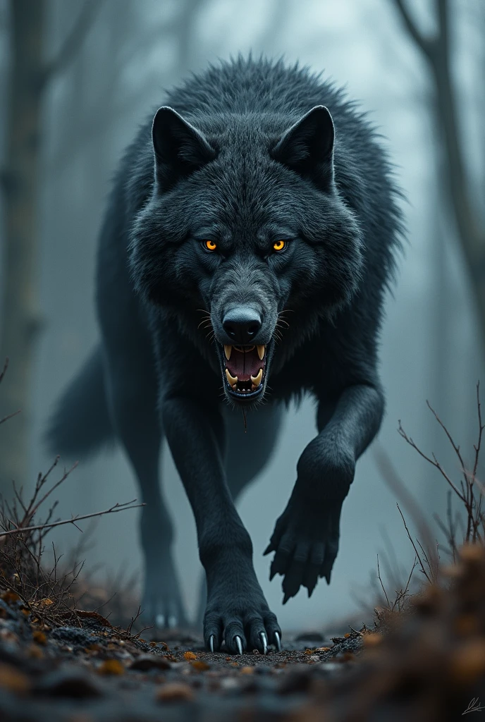 Very scary dark wolf with scars