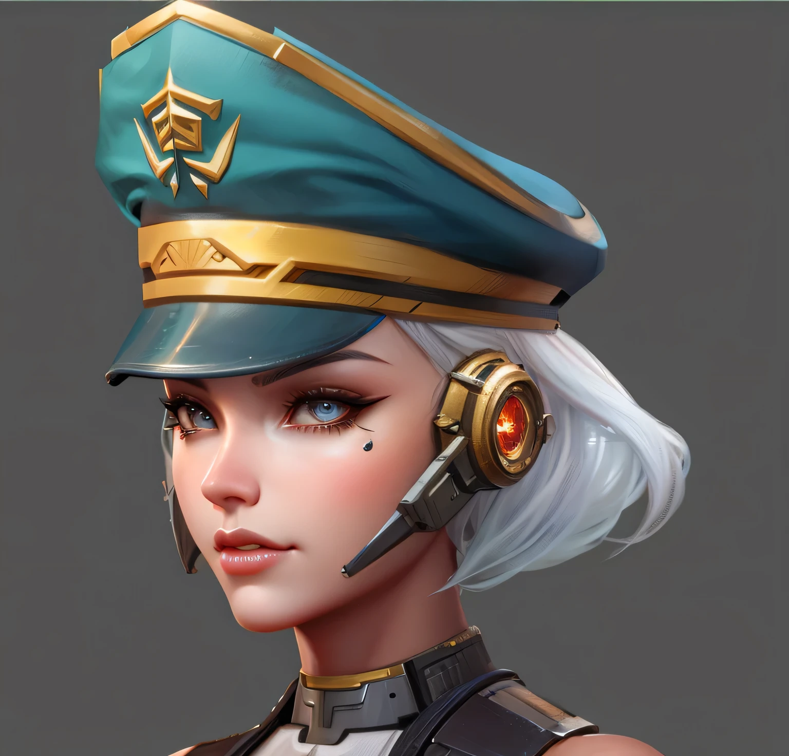 Close-up of a woman wearing a hat and, Close-up characters, Female characters, Mechanized female soldier, very detailed character, Created by senior character artists, Character Close-up, 3D Character Art, high detail iconic character, 2D concept art head macro shot, G Liulian art style, Character Art Close-up, Character Close-up，3D Character Art，Ashe，2。5 D CGI Anime Fantasy Artwork，CGScosiety，Close-up characters，As seen on the Art Station