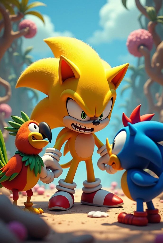 Yellow Sonic angry with the parrot and blue chicken 
