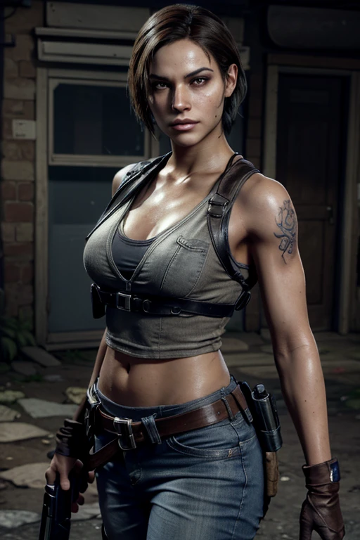 Create the image of a female character of Brazilian origin from Resident Evil 4 remake who has long dark brown curly hair and dark brown eyes and brown skin with a tattoo on her arms and a scar on her left eyebrow Wearing a brown tank top with gloves and black jeans with gun belts