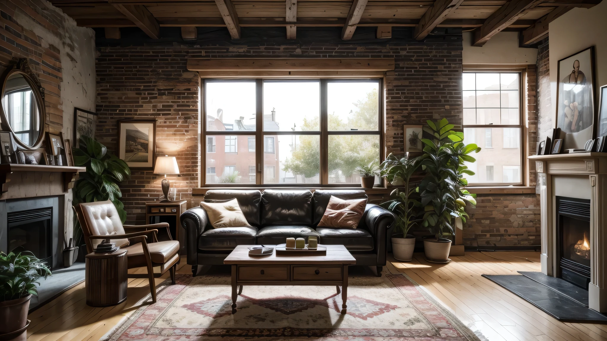 "A photorealistic interior scene of a cozy living room with exposed brick walls, hanging plants and a vintage radio playing old music. Include a sense of warmth and nostalgia."
