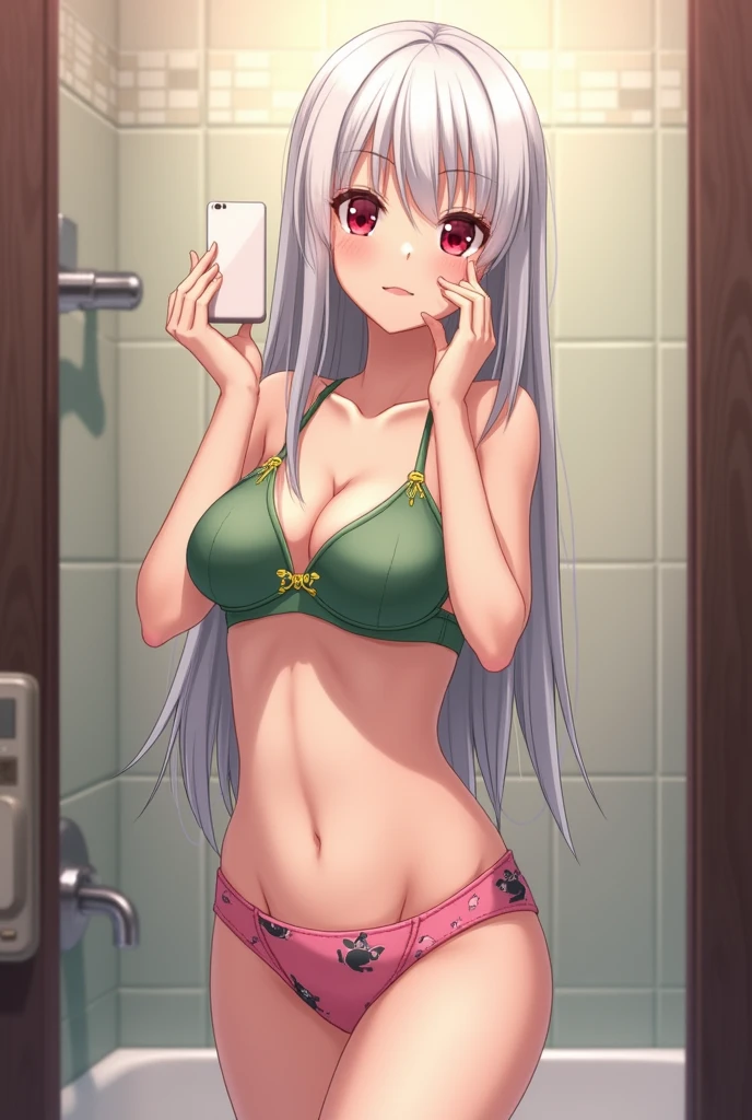 Anime girl alone in profile, small chest, height of 155 centimeters, long straight white hair and crimson red eyes, in underwear taking a selfie with shame, Green bra with yellow details and pink panties with animal prints, in the bathroom
