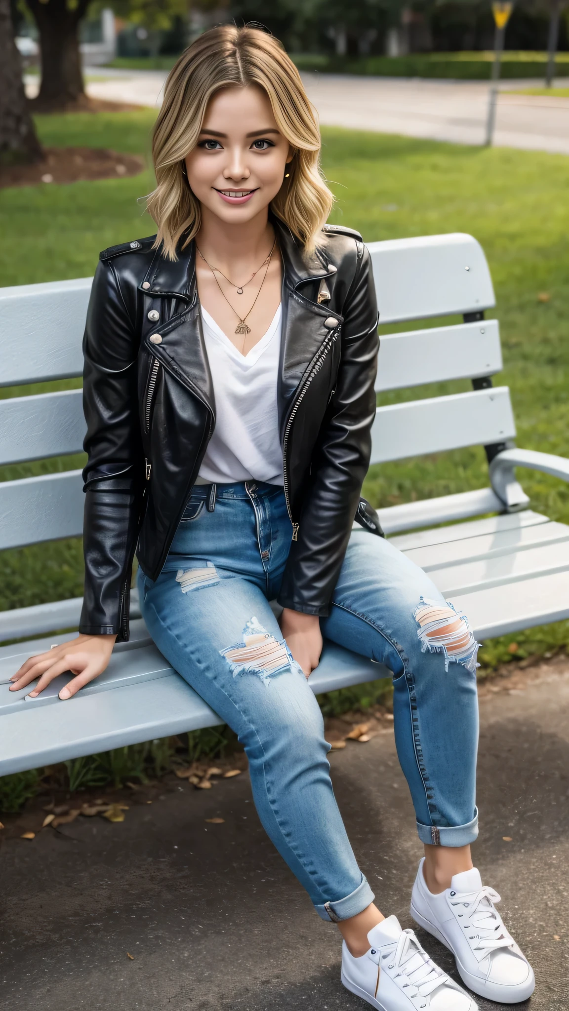 Super Resolution、Beautiful Russian Women、Full body photo、sitting on a park bench、Short Haircut、Blonde Hair、Wavy Hair、Ear piercing、necklace、leather jacket、shirt、Skinny jeans、sneakers、smile、Beautiful teeth alignment