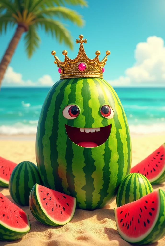 Watermelon King, with crowns, and his watermelons on a beach