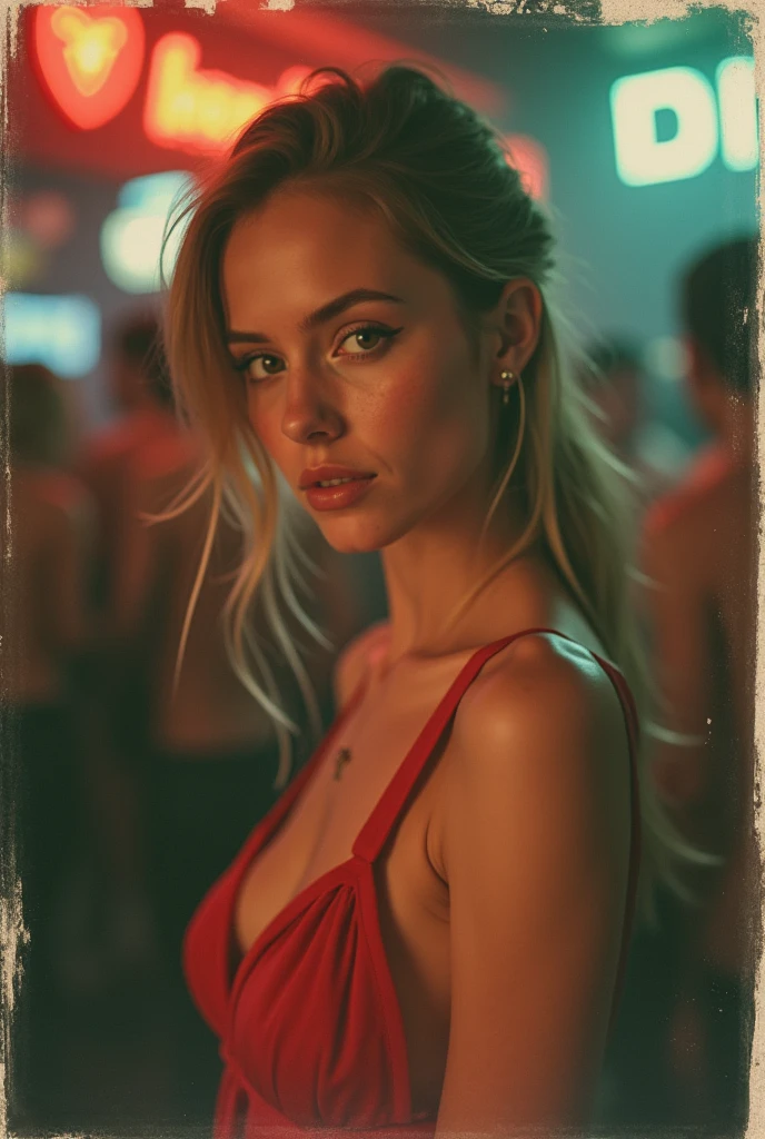 polaroid photo, night photo, smiling shyly, in party bar, photo of (: 1,5) cute young slim Slavic woman, pale skin, suggestive red dress, motion blur