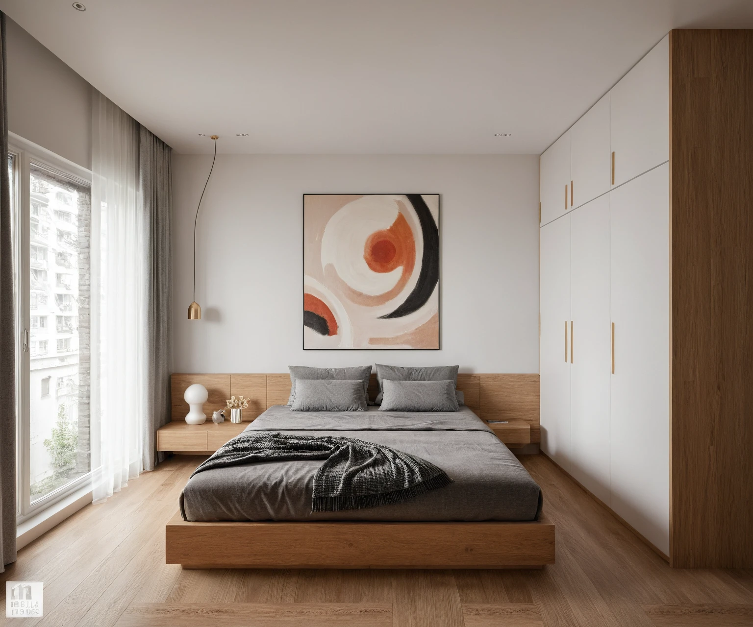 Raw photo,Masterpiece, high quality, best quality, authentic, surreal, super detail, interior, bedroom, wooden floor, use lots of curves, (curved wall), indoors, white color, white wall,(daylight:1.1), vivid color, (realistic:1.2 ),
