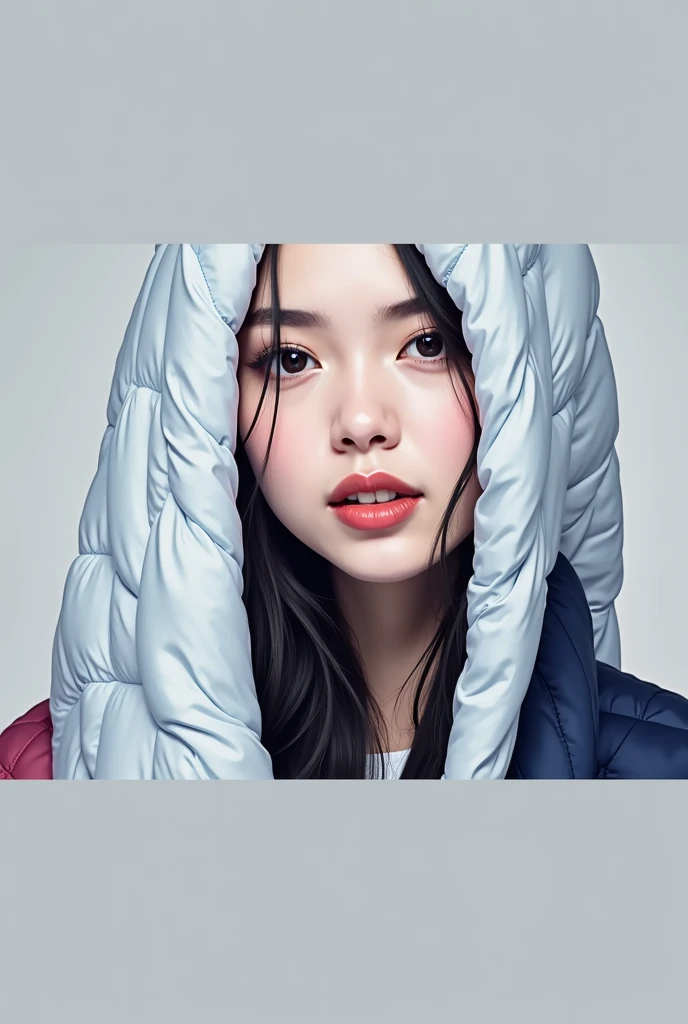 closeup professional photograph of a young woman wrapped in a colorful warm quilt, cel shading, bold outlines, flat colors, sharp shadows, graphic style, (manga influence:1.3), clean linework, striking visuals,comic